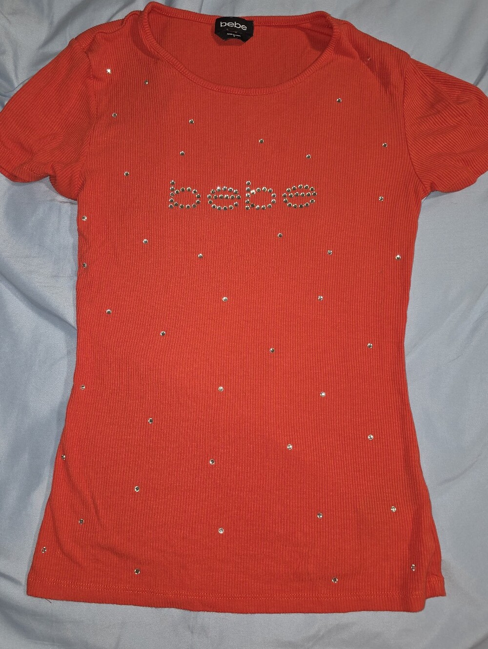 bebe Red/coral Ribbed T-Shirt Women’s Size S Rhinestone Logo Short Sleeve